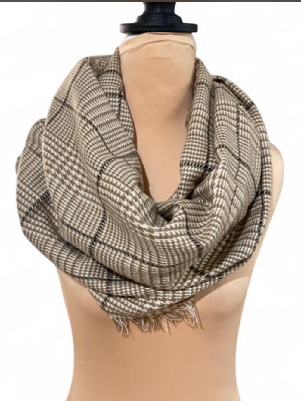 Plaid Fringe Infinity Scarf - Beige Taupe -NWOT